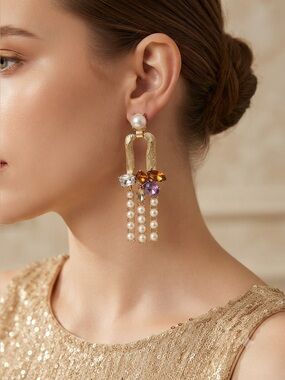 Statement Gold-Tone Earrings with Colorful Stones & Faux Pearl Strands